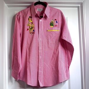 🆕Marquis Red White Stripe Vintage Mens Golf Oxford Button Down Collared Shirt